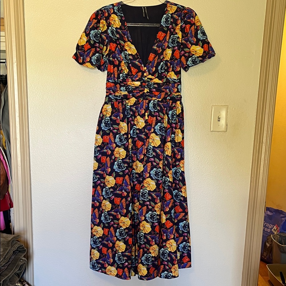 Anthropologie Navy Midi Dress with Yellow, Blue & Orange Floral Print
